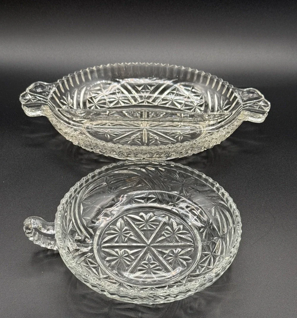 ⭐ Vintage Anchor Hocking Stars & Bars Relish Dish & Nappy Pressed Glass